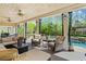 Spacious covered patio with comfortable seating and views of the pool and manicured landscaping at 2839 Echols Rd, Cumming, GA 30041