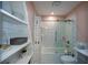Modern bathroom with white subway tile, glass shower door, ladder shelving and gray vanity at 4455 Sirrocco Sw Ln, Lilburn, GA 30047