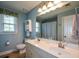 Bathroom features dual sink vanity with white countertops, blue walls and a decorative mirror at 4455 Sirrocco Sw Ln, Lilburn, GA 30047
