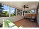 Relaxing screened-in porch featuring wood flooring, comfortable seating, and a ceiling fan at 1016 Manchester Way # 43, Roswell, GA 30075