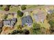 Aerial view of a house with a dark roof, green lawn and patio set between other houses in a neighborhood at 135 Ardsley Run, Canton, GA 30115