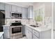 Updated kitchen features stainless steel appliances, white marble backsplash, and gray cabinets at 2168 Doris Dr, Decatur, GA 30034