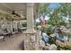 Covered patio features stone detailing, ceiling fans, and access to the beautiful, well-manicured yard at 2444 Ballantrae Cir, Cumming, GA 30041
