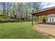 Lush backyard with a covered patio, stone fireplace, and beautifully maintained lawn with trees at 6655 Grove Meadows Ln, Cumming, GA 30028