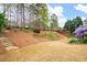 Spacious backyard with landscaped beds, tiered stone steps and mature trees, perfect for outdoor activities at 111 Glen Trl, Woodstock, GA 30188