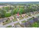 Aerial view of neighborhood, showcasing a traditional two-story home with a well-manicured front yard at 750 Southland Pass, Stone Mountain, GA 30087
