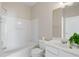 Clean bathroom featuring tub-shower combination with a single sink vanity and toilet at 3915 Deerborne Dr, Cumming, GA 30040