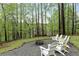 Relaxing backyard with firepit, chairs, and mature trees overlooking the water at 7650 Rico Rd, Chattahoochee Hills, GA 30268
