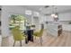Bright eat-in kitchen features stylish light fixture, modern appliances, marble island and backyard view at 1353 Midlawn Dr, Decatur, GA 30032
