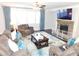 Cozy living room featuring comfortable seating, a stone fireplace, and large windows offering natural light at 3716 Derringer Rdg, Loganville, GA 30052