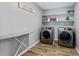 Functional laundry room featuring modern washer and dryer, shelving, and storage at 719 Fairview Rd, Brooks, GA 30205