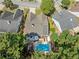 Aerial view of backyard showcasing pool, patio, mature trees and privacy at 436 Suwanee East Dr, Lawrenceville, GA 30043