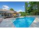 Backyard pool with sun loungers, dining area, and lush greenery perfect for relaxation at 436 Suwanee East Dr, Lawrenceville, GA 30043