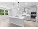 A modern kitchen with gray cabinets, stainless steel appliances, a large island, and stylish pendant lighting at 1815 Wellston Dr, Lawrenceville, GA 30043