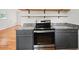 Galley style kitchen with stainless oven and range, gray cabinets and hardwood flooring at 262 E Main St, Rutledge, GA 30663
