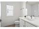 Bathroom featuring a white vanity with modern fixtures and a window with blinds at 779 Keystone Dr, Woodstock, GA 30188