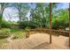 Wooden deck overlooking a well-maintained backyard with mature landscaping and brick-lined paths at 873 Monroe Ne Cir, Atlanta, GA 30308