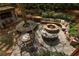 Aerial view of a backyard with a custom fire pit, seating, bar area, all beautifully landscaped with mature trees at 225 Cotton Field Ct, Alpharetta, GA 30022