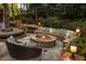 Beautiful custom backyard with a stone fire pit, seating, custom outdoor bar area, string lights, and lush landscaping at 225 Cotton Field Ct, Alpharetta, GA 30022