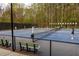 Active tennis courts with players, well-maintained blue surface, and surrounding wooded area at 225 Cotton Field Ct, Alpharetta, GA 30022