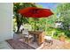 Outdoor patio with dining set, umbrella, with a view of a green, wooded backyard at 2693 Greentree Se Dr, Marietta, GA 30067