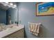 Powder room features blue walls, white sink, and beach-themed decorations at 293 Country Lake Dr, Mcdonough, GA 30252