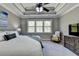 Comfortable main bedroom featuring a tray ceiling, a ceiling fan, and large windows with backyard views at 5320 Northview Lk, Cumming, GA 30040