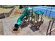 Community playground with green slide and climbing structures, surrounded by wood chips at 5320 Northview Lk, Cumming, GA 30040