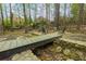 Lush backyard showcasing a cozy fire pit area with seating, a charming bridge, and a tranquil creek with surrounding trees at 4270 Parnell Rd, Marietta, GA 30062