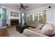 Cozy living room features a brick fireplace, plush sofas, and natural light from the window at 4270 Parnell Rd, Marietta, GA 30062