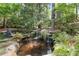 Picturesque pond with cascading waterfall, lush landscaping, and tranquil seating area for relaxation at 5515 Cross Gate Ct, Sandy Springs, GA 30327