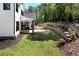 Beautiful backyard with lush landscaping, a stone patio, and a retaining wall, perfect for entertaining at 120 Farm Gate Dr, Woodstock, GA 30188