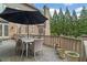 Outdoor deck with dining table, chairs, and brick architecture with a partial view of the backyard at 2114 Castlewycke Ct, Marietta, GA 30068