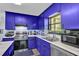 A well-equipped kitchen featuring blue cabinets, stainless steel appliances, and a window overlooking the trees at 2451 Cedar Fork Trl, Marietta, GA 30062