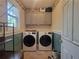 Well-lit laundry room features tile floors, LG washer and dryer, and ample storage cabinets above the appliances at 60 Bartlett Way, Dallas, GA 30157