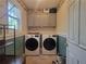 Well-lit laundry room features a washer and dryer set and ample cabinet space for storage at 60 Bartlett Way, Dallas, GA 30157