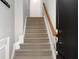 Carpeted staircase with white trim, a wood handrail, and black door at the bottom at 11302 Musette Cir, Alpharetta, GA 30009