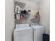 Functional laundry room includes a washer, dryer, and shelving for storing cleaning supplies and other essentials at 5494 White Cedar Ter, Sugar Hill, GA 30518