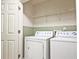 Efficient laundry room features a washer and dryer with shelving for storage at 2557 Summit Cove Dr # 128, Duluth, GA 30097