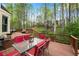 Inviting back deck with a glass-topped dining table, comfortable seating, and a wooded view provides the perfect spot for outdoor meals at 3665 Evonvale Gln, Cumming, GA 30041