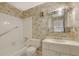 Bathroom with tub/shower combo, wallpaper, mirror, vanity, and commode at 3312 Northcrest Rd # C, Atlanta, GA 30340