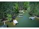 Stunning aerial view of waterfront homes, each featuring private docks on a serene lake at 934 Pine Cir, Woodstock, GA 30189