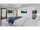 Spacious bedroom with calming blue accents, walk-in closet, and door to outside at 2320 Copper Trail Ln, Buford, GA 30519