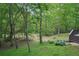 Tranquil backyard with mature trees, sloping lawn, and views from the deck, creating a serene oasis at 553 Augusta Dr, Canton, GA 30115