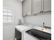 Well-lit laundry room with gray cabinets and modern washer and dryer units at 553 Augusta Dr, Canton, GA 30115