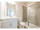 Bathroom with white cabinets, quartz countertops, and a glass-enclosed shower at 7505 Woolf Way, Cumming, GA 30028