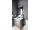 Modern half-bathroom featuring a white vanity, stylish mirror, and elegant fixtures at 115 Nova Ln, Roswell, GA 30075