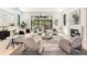 Living room with modern decor, fireplace, and expansive windows overlooking the backyard at 115 Nova Ln, Roswell, GA 30075