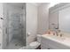 Modern bathroom with glass enclosed shower, white vanity, and contemporary fixtures at 6135 Redwine St, Norcross, GA 30071