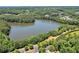 Aerial view of a tranquil lake surrounded by lush greenery and trees at 625 Lorimore Pass, Canton, GA 30115